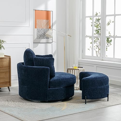 Oversized Swivel Accent Barrel Chair with Storage Ottoman and 4 Pillow, Terracotta Chenille H591