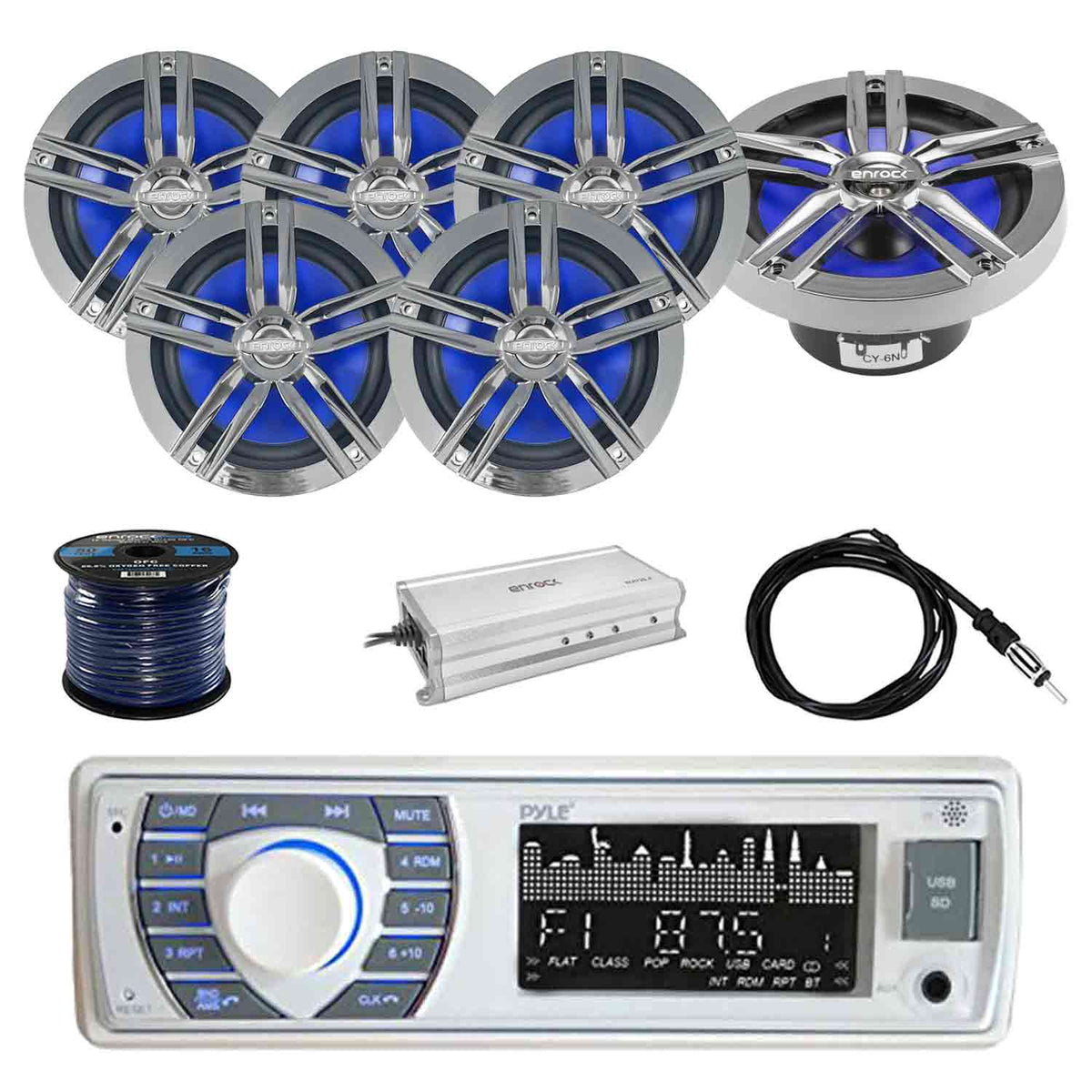 Marine Receiver Stereo with 2-Way 180W 6.5" Loud-SPKR (3-Pairs), Marine Antenna, 4-Chan Amplifier & 50' 16G SPKR Wire H153