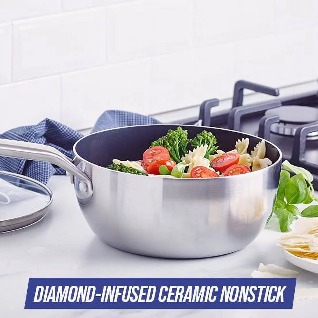 2.5QT Stainless Steel Ceramic Nonstick Saucepan with Lid X6654