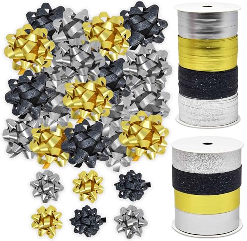 32 Pcs Multi Colored Gift Bows and 8 Curling Ribbon Rolls X507