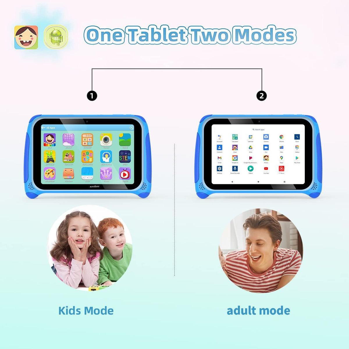 7 inch Kids Tablet Android 11 Quad Core 2GB RAM 32GB ROM Dual Camera WiFi Bluetooth Blue Pack of 2 O735756