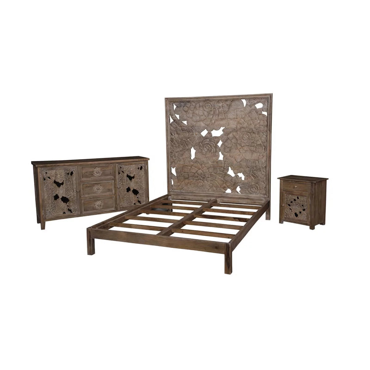 Queen Solid Wood Hand Carved Motif Bed D2975