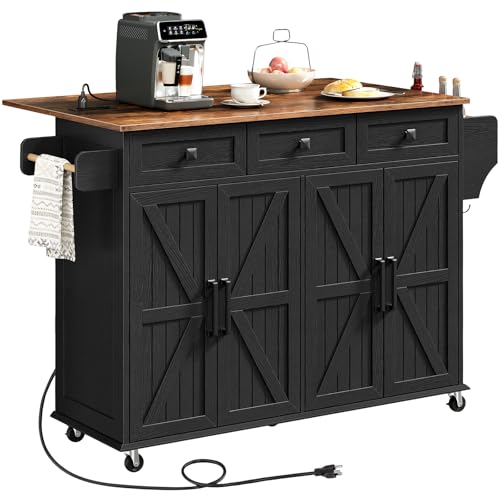 White and Walnut Kitchen Island with Drop Leaf, Charging Station, 3 Drawers and Storage C384