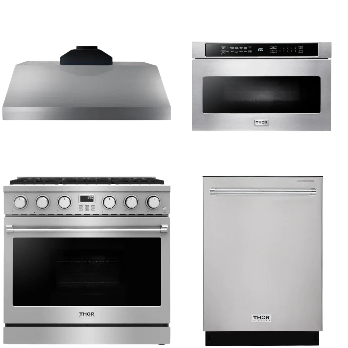 36 Gas Range, Range Hood, Dishwasher and Microwave E767