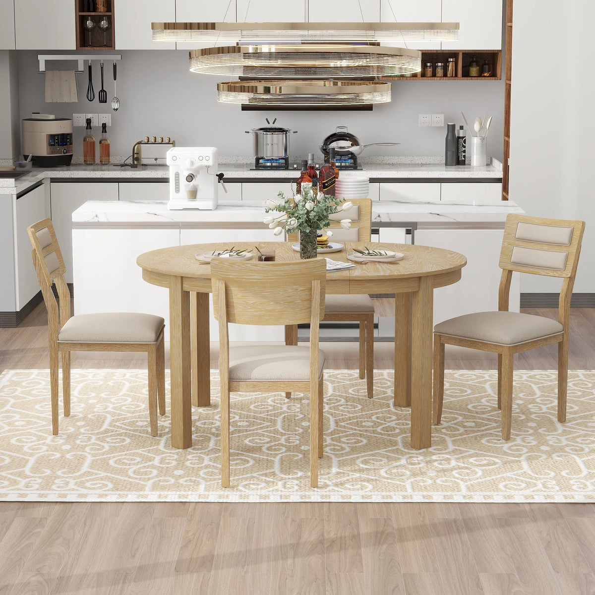5 Piece Extendable Dining Table Set with 4 Upholstered Chairs Y363