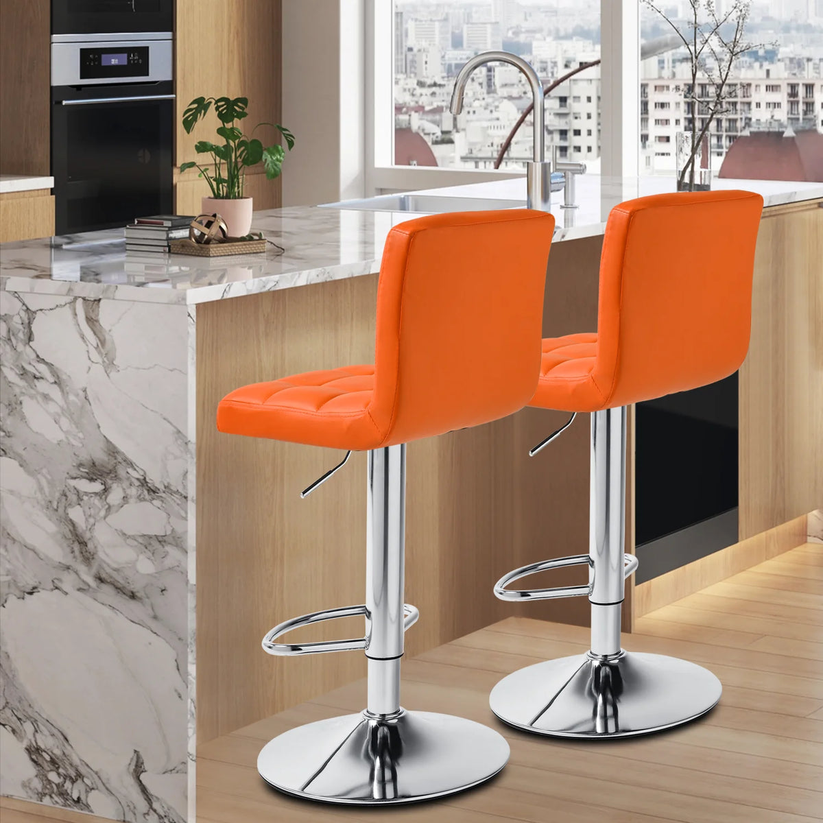 Set of 4 Adjustable Swivel Bar Stools Faux Leather, Orange N397