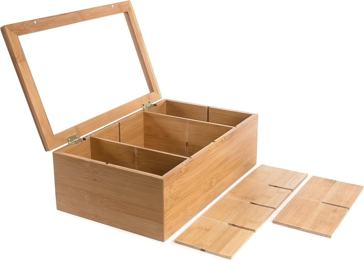100% Bamboo Tea Box Storage Organizer, 8 Adjustable Compartments, Natural Wooden Finish I123