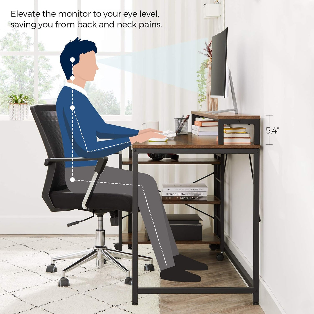 Computer Desk with Monitor Stand and Storage Shelves B669117