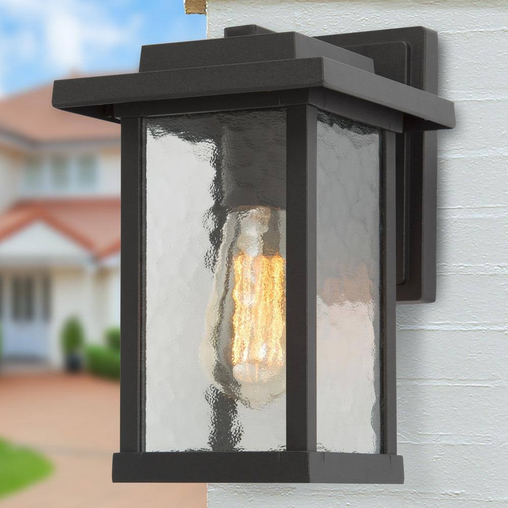 1-Light Textured Black Outdoor Wall Lantern Sconce with Water Glass Shade U380
