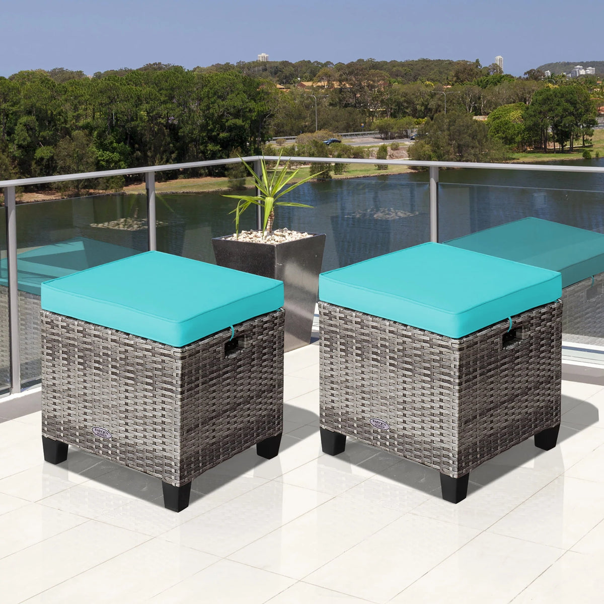 Turquoise Rattan Cushioned Ottoman K7948