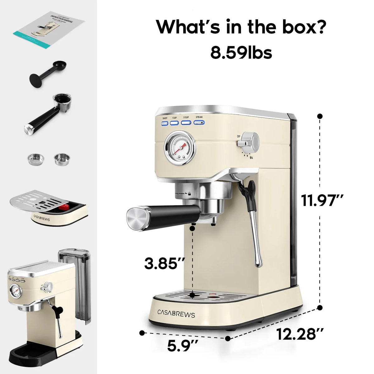 20 Bar Espresso Machine with Milk Frother Steam Wand, Stainless Steel Q7496
