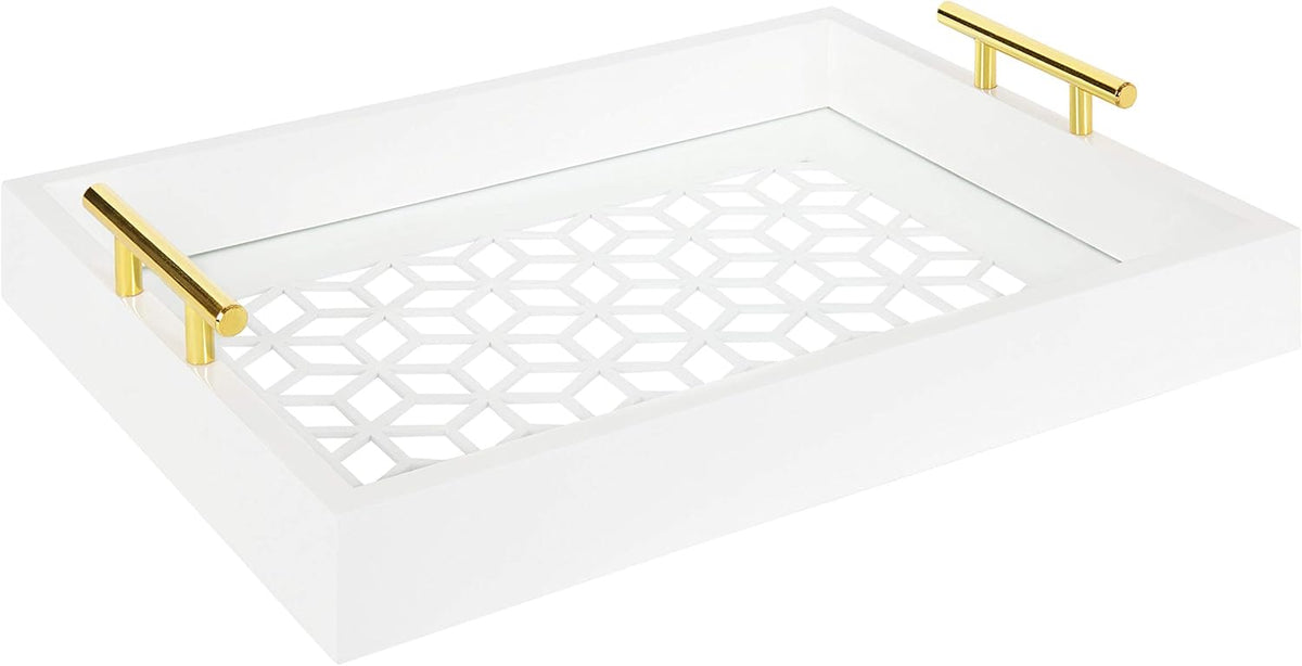 White and Gold Rectangle Decorative Tray with Metal Handles R748569
