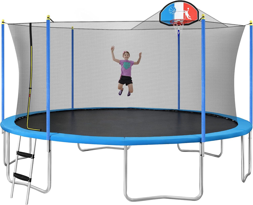 8FT 10FT 14FT 15FT 16FT Trampoline with Safety Enclosure Net, Basketball Hoop and Ladder S98890