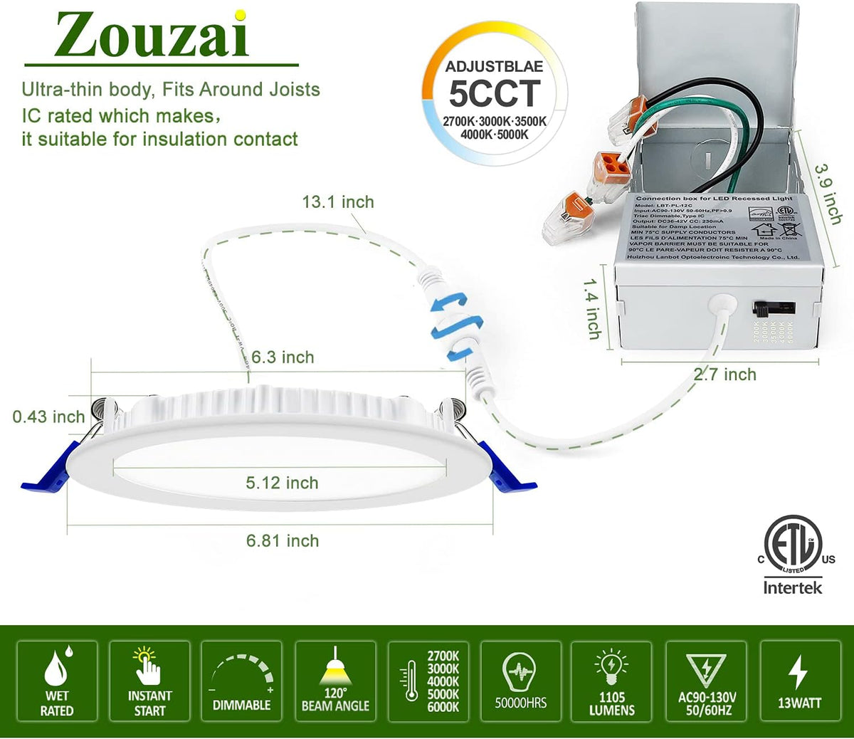 12 Pack 4 Inch 5CCT Ultra-Thin LED Recessed Ceiling Light with Junction Box, 9.5W 80W Eqv, Dimmable S844