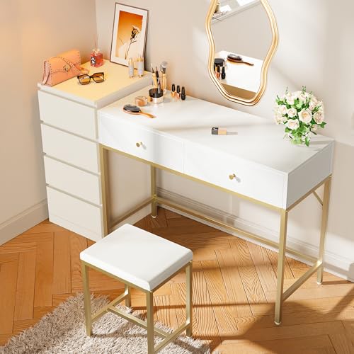 White and Gold Desk with 2 Drawers Y179748