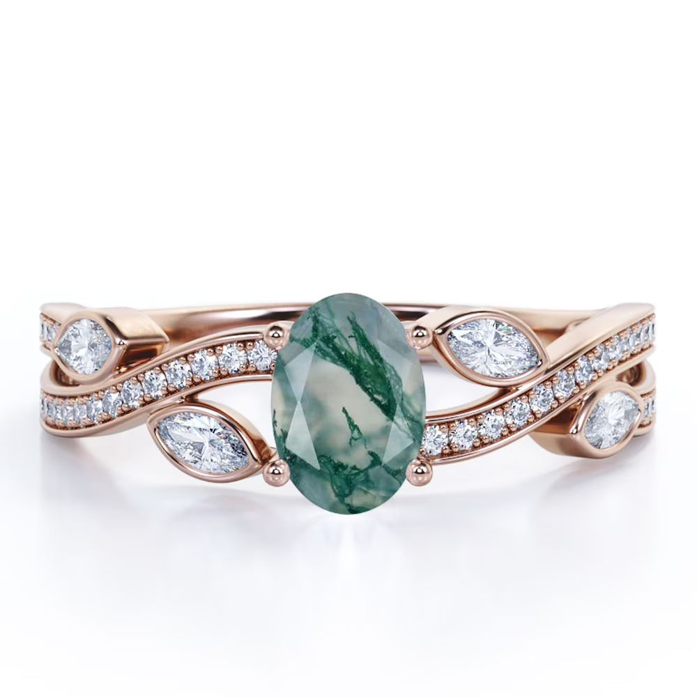 1.5 Carat Oval Moss Green Agate And Moissanite Engagement Ring In 18K Rose Gold Plating Over Silver T832571