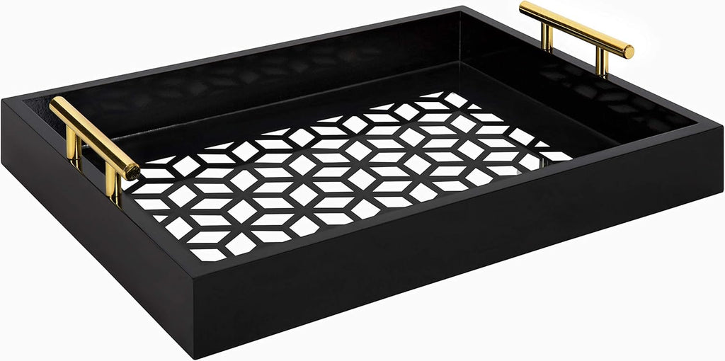 White and Gold Rectangle Decorative Tray with Metal Handles R748569