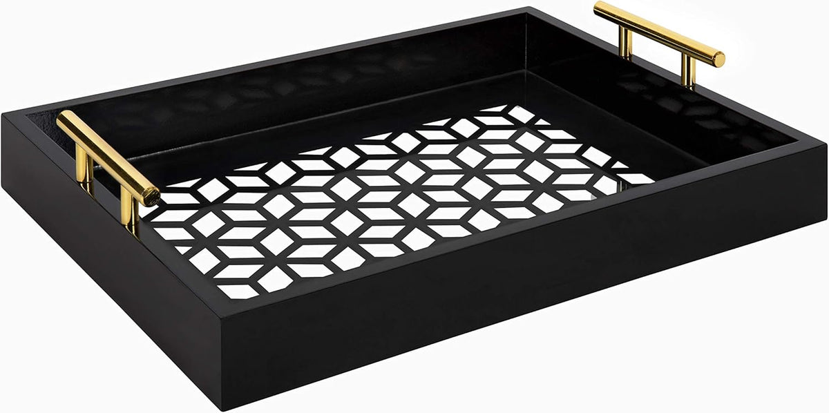 White and Gold Rectangle Decorative Tray with Metal Handles R748569