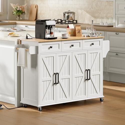 White and Walnut Kitchen Island with Drop Leaf, Charging Station, 3 Drawers and Storage C384