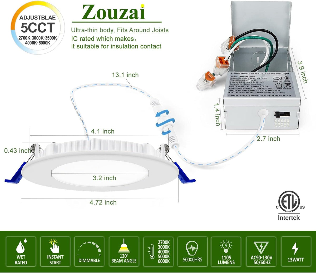 12 Pack 4 Inch 5CCT Ultra-Thin LED Recessed Ceiling Light with Junction Box, 9.5W 80W Eqv, Dimmable S844