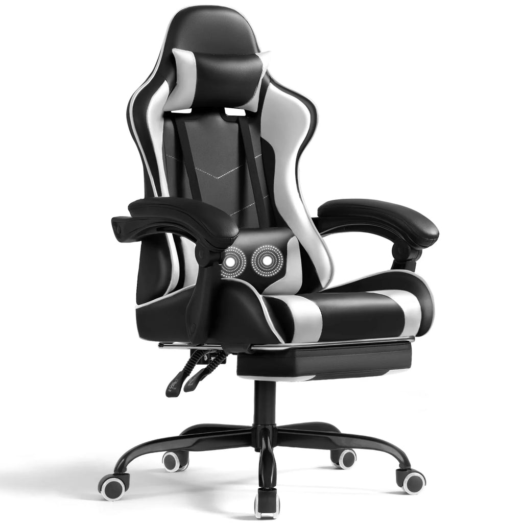White PU Leather Massage Gaming Chair with Footrest E50810