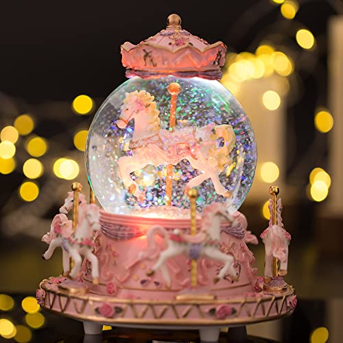 Gift Wrapped Music Box Carousel Horses Color Lights Unicorn Musical Snow Globe Y350