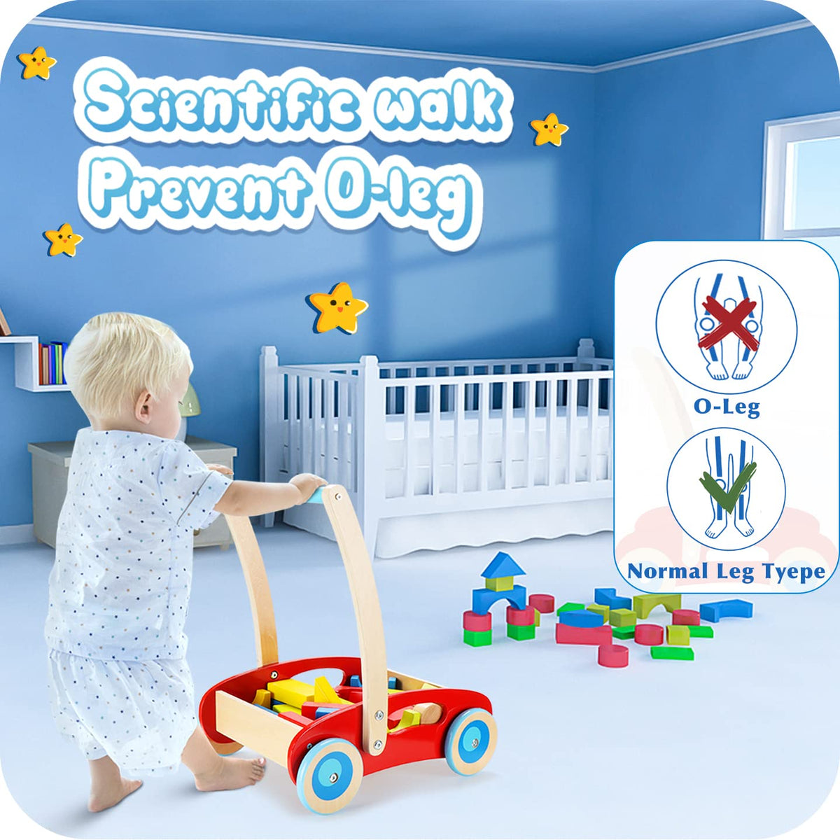 Wooden Baby Walker with Building Blocks 35 PCs A715576