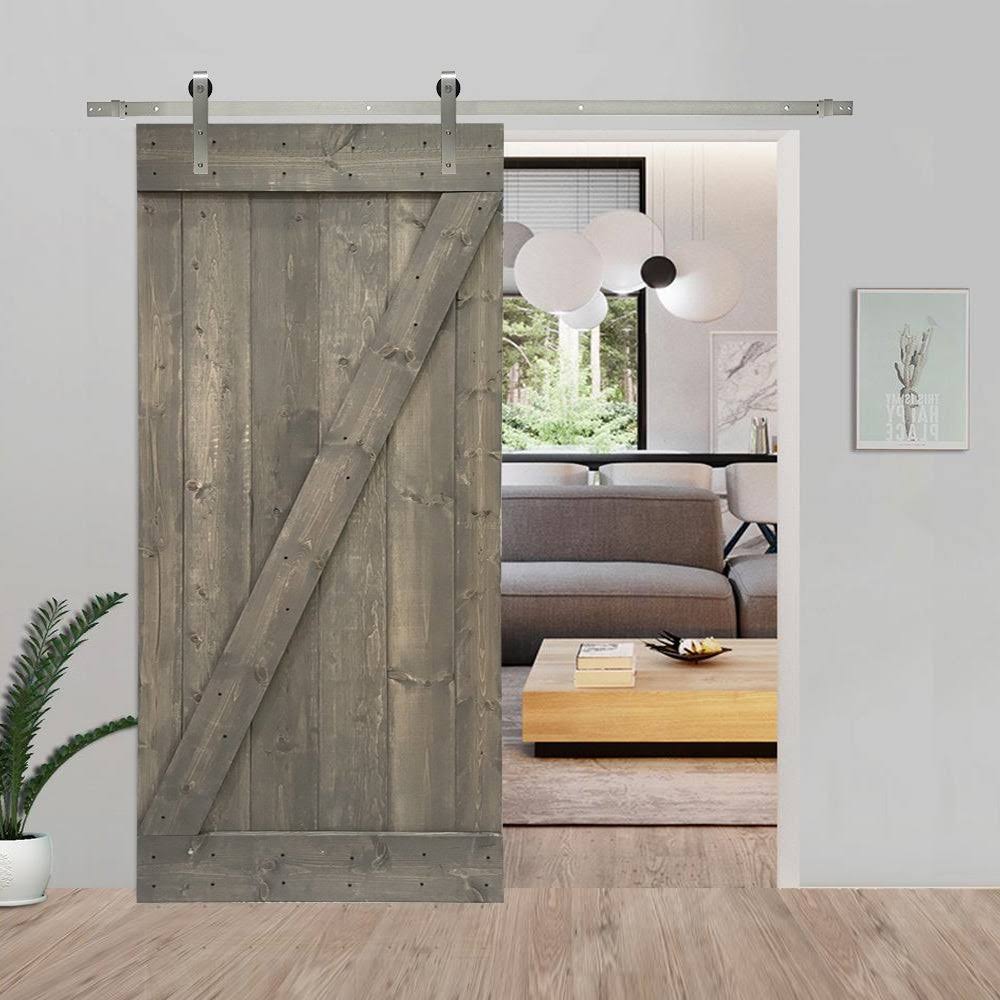 24 in. x 84 in. Weather Gray Stained Solid Knotty Pine Wood Interior Sliding Barn Door with Sliding Hardware Kit X166