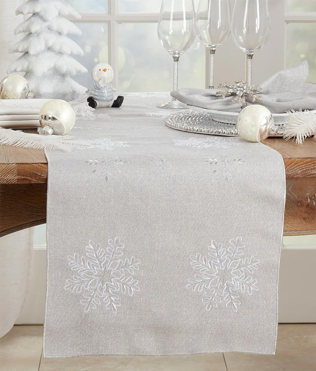 Embroidered Snowflake Silver Table Runner 16" W X 90" L X3066