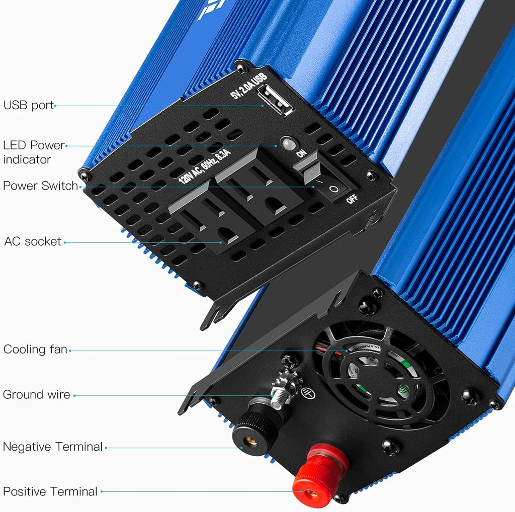 1000W Pure Sine Wave Power Inverter DC 12V to AC 110V with Dual AC Outlets & 2A USB Ports Y81460