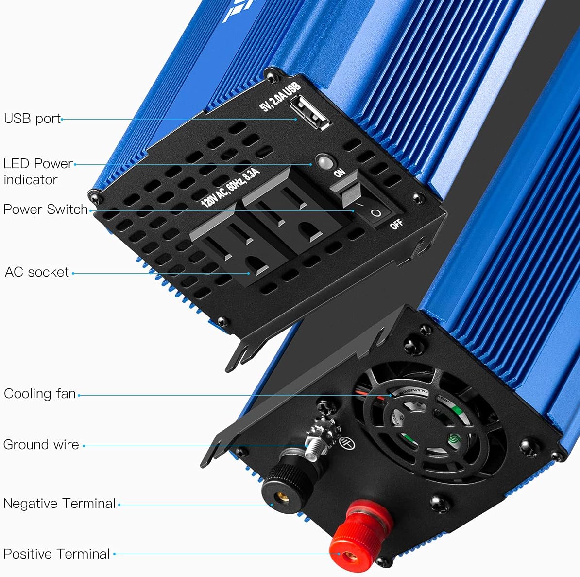 1000W Pure Sine Wave Power Inverter DC 12V to AC 110V with Dual AC Outlets & 2A USB Ports Y81460