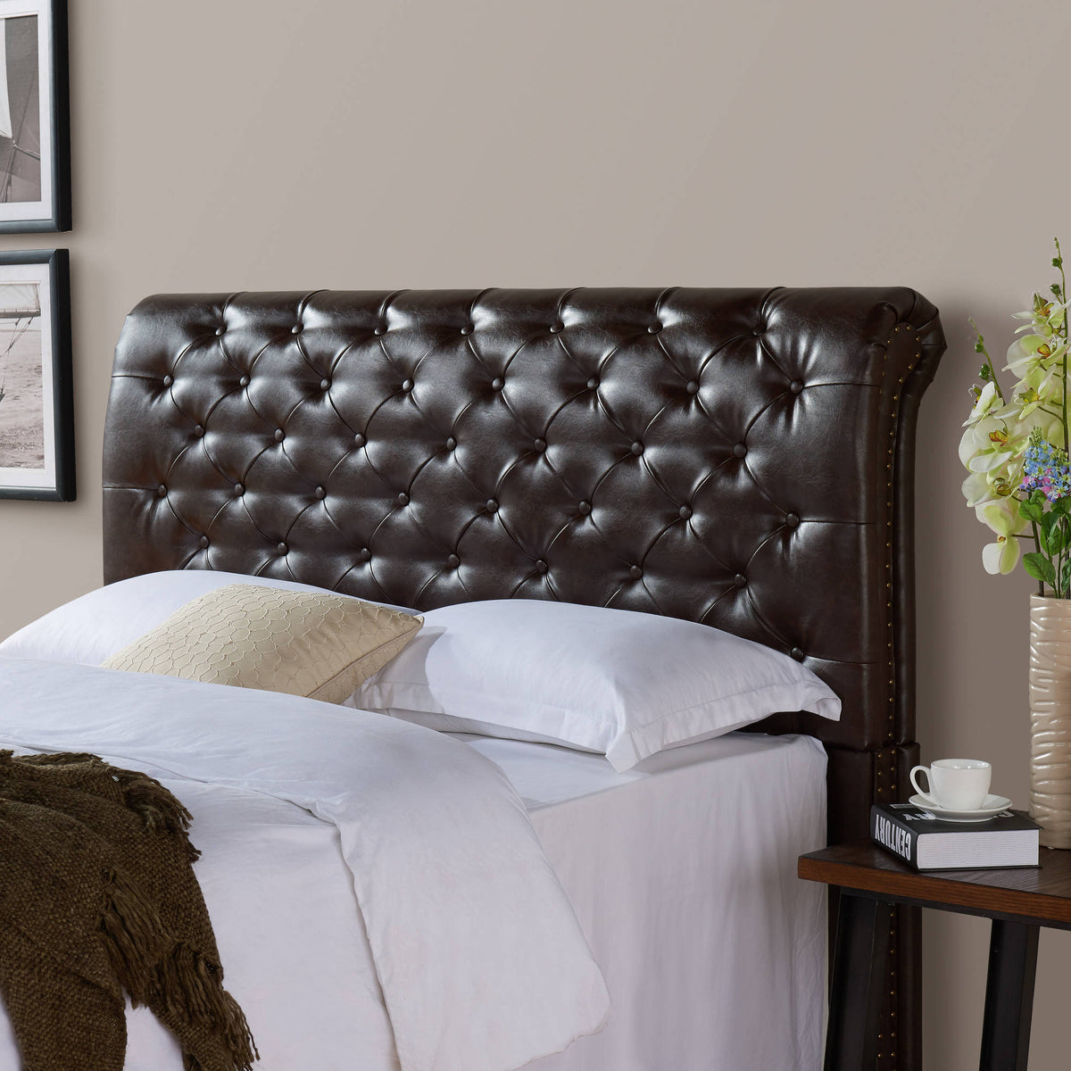 Brown Bonded Leather Rolled Tufted Headboard F645