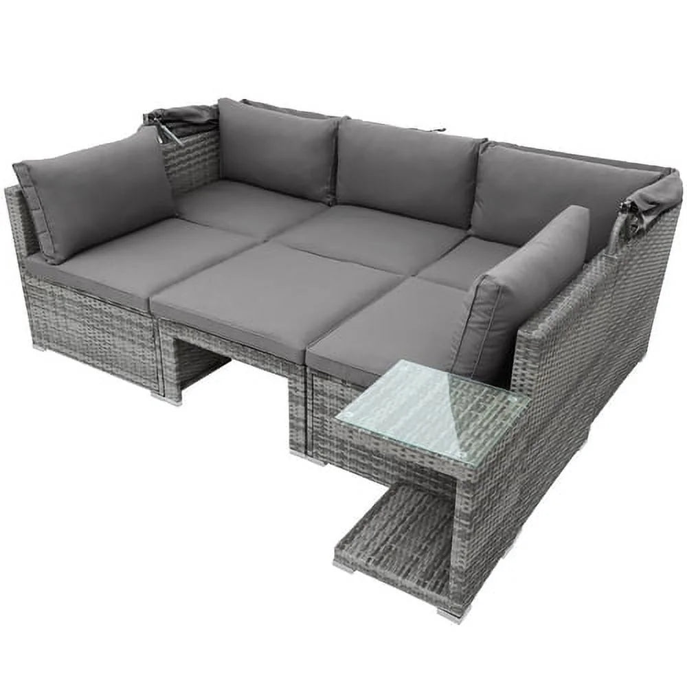 5 Pieces Wicker Patio Conversation Set with Canopy and Glass Side Table Y45036