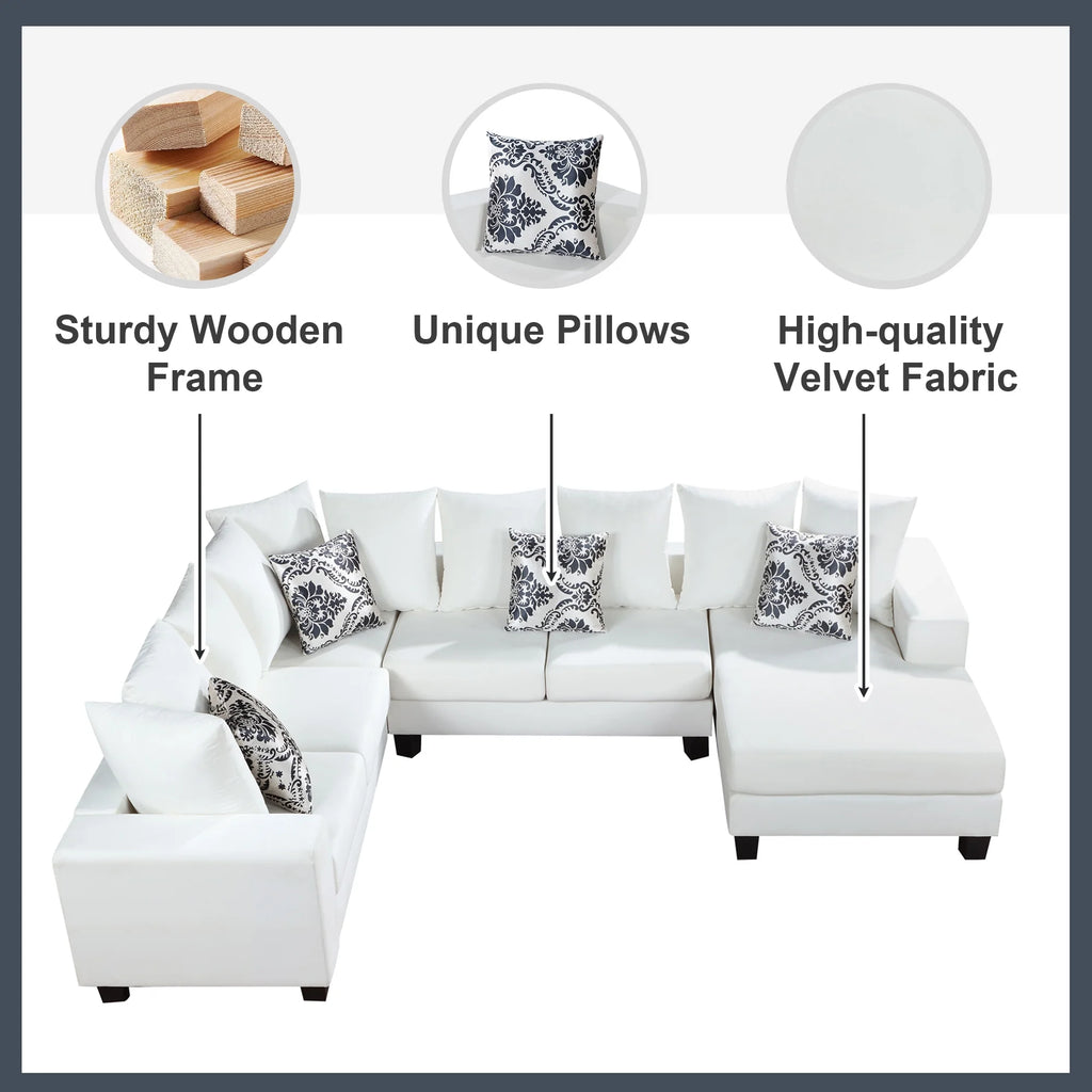 U Shape Velvet Sectional Sofa with Pillows and Chaise Lounge O856