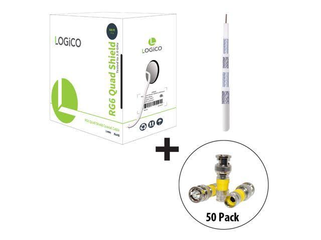 RG6 Quad Shield Coaxial Cable 500ft White with 50 Piece F-Type Compression Connectors V1199