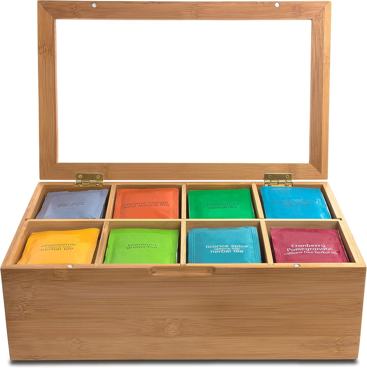100% Bamboo Tea Box Storage Organizer, 8 Adjustable Compartments, Natural Wooden Finish I123