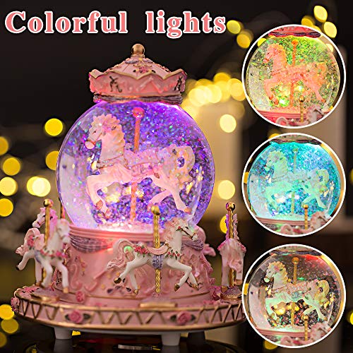 Gift Wrapped Music Box Carousel Horses Color Lights Unicorn Musical Snow Globe Y350