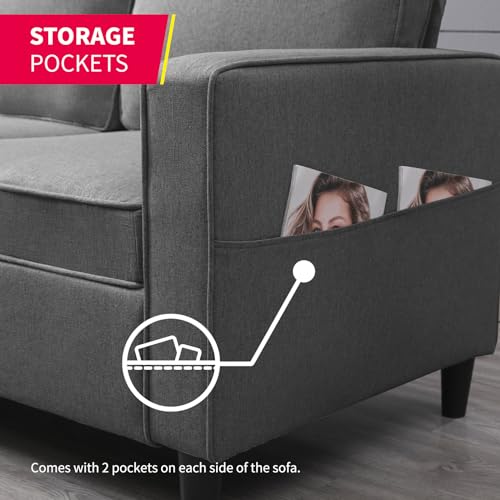 3PCS Linen Upholstered Sofa Set with Side Pockets & Storage Ottoman (Dark Grey) J253
