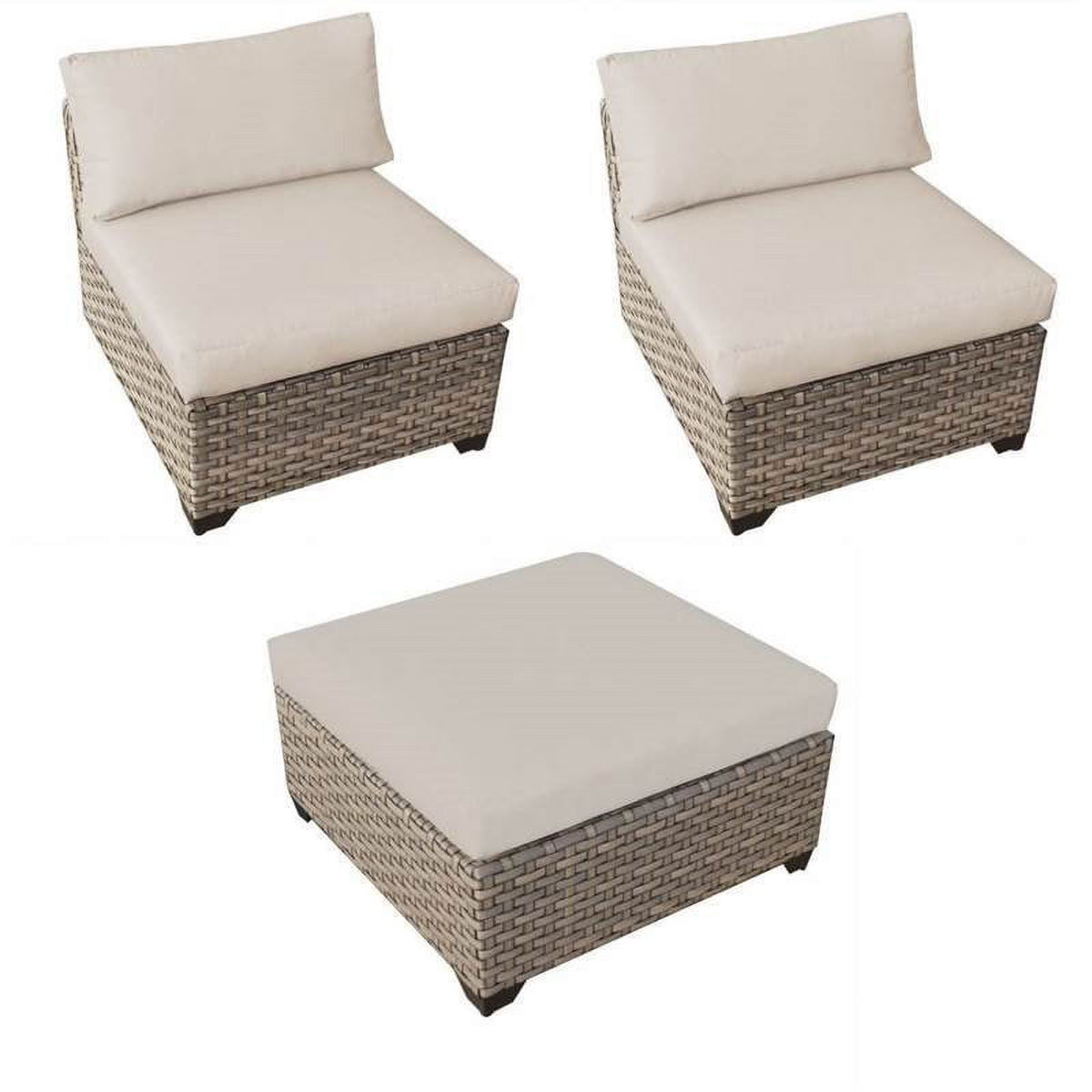Beige 3 Piece Patio Furniture Set with 2 Armless Sofas and Wicker Ottoman K847541