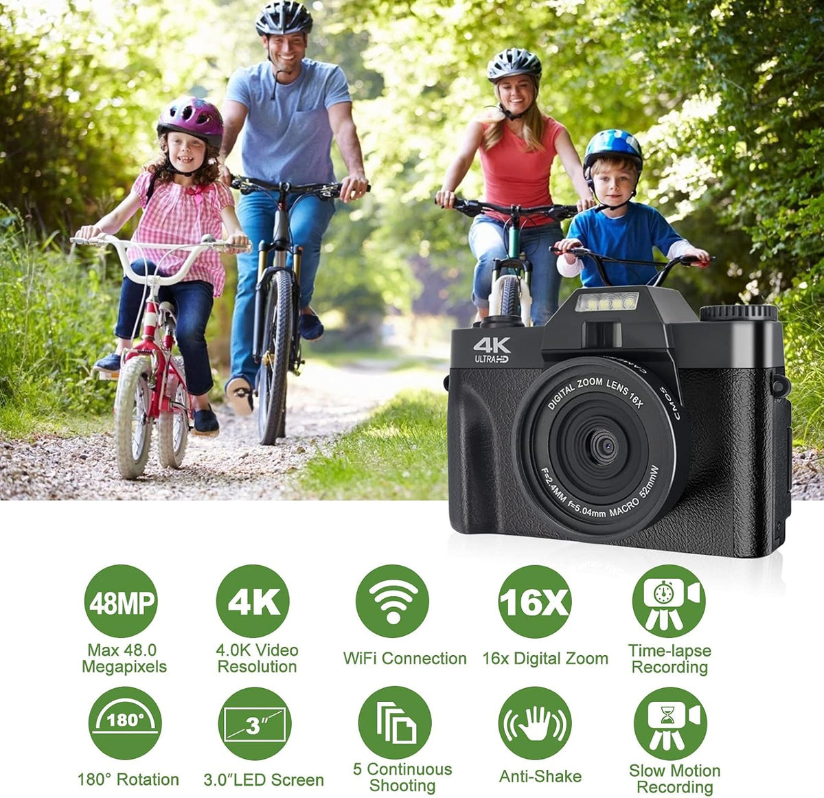 4K 48MP Digital Camera with 3.0 inch 180° Flip Screen and 32GB Memory Card E67382