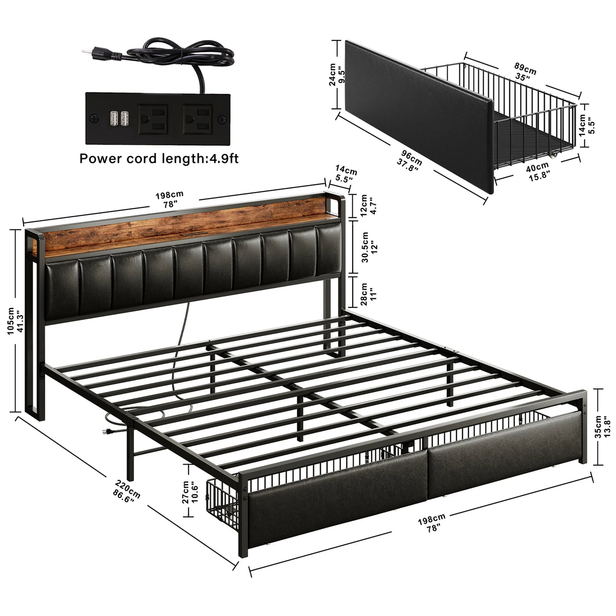 King Storage Bed Frame with Charging Station and Drawers I3258