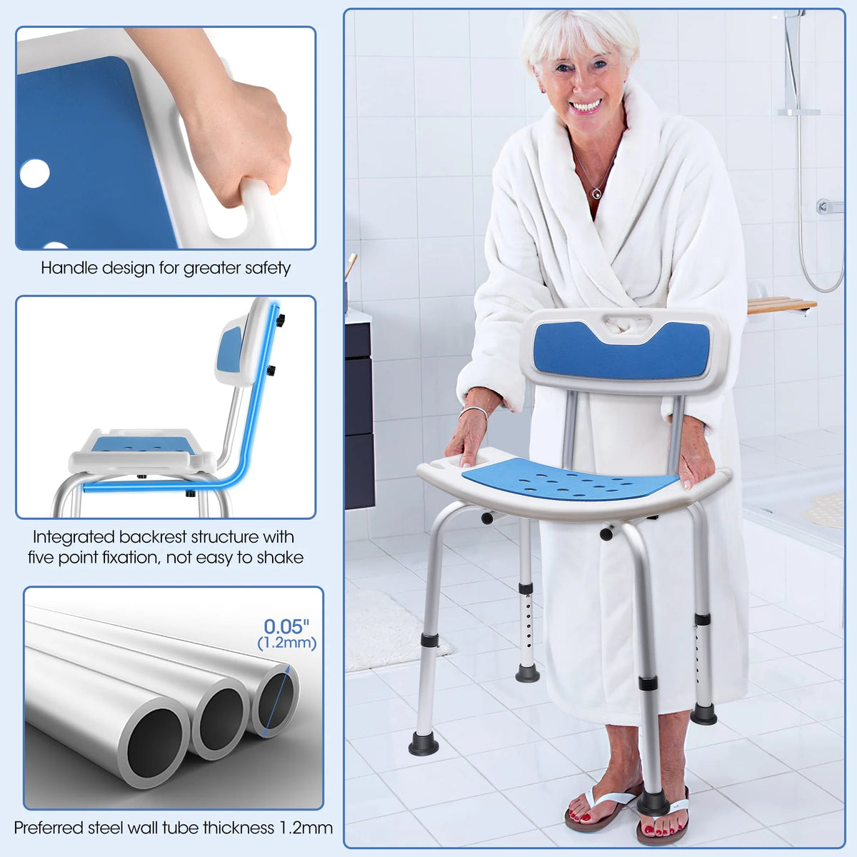 Bath and Shower Chair with Back and Padded Armrests, Height Adjustable E286