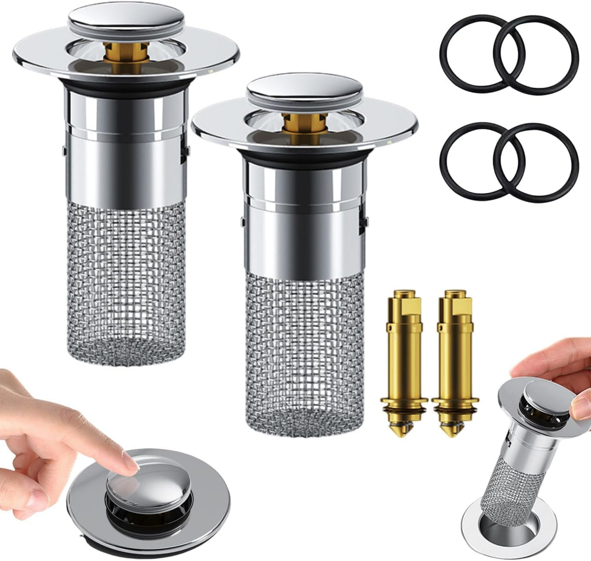 2PCS 304 Stainless Steel Pop-Up Sink Drain Strainer with Removable Filter Basket Z535396