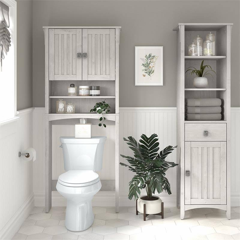 Linen White Oak Tall Cabinet and Over The Toilet Storage Cabinet H534