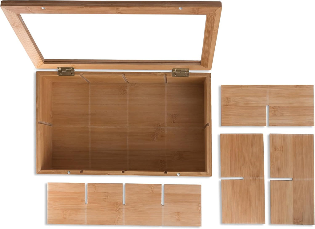 100% Bamboo Tea Box Storage Organizer, 8 Adjustable Compartments, Natural Wooden Finish I123