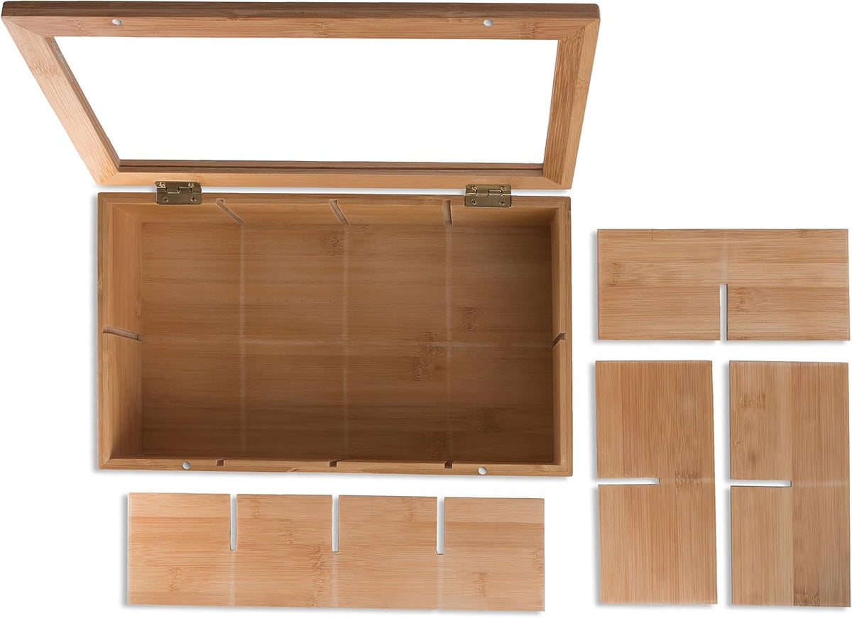 100% Bamboo Tea Box Storage Organizer, 8 Adjustable Compartments, Natural Wooden Finish I123