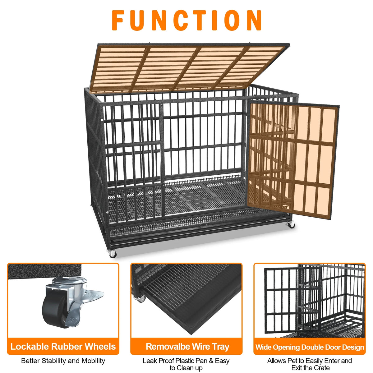 48/38 inch Heavy Duty Dog Crate Kennel with Removable Trays, Wheels and Double Door W71719