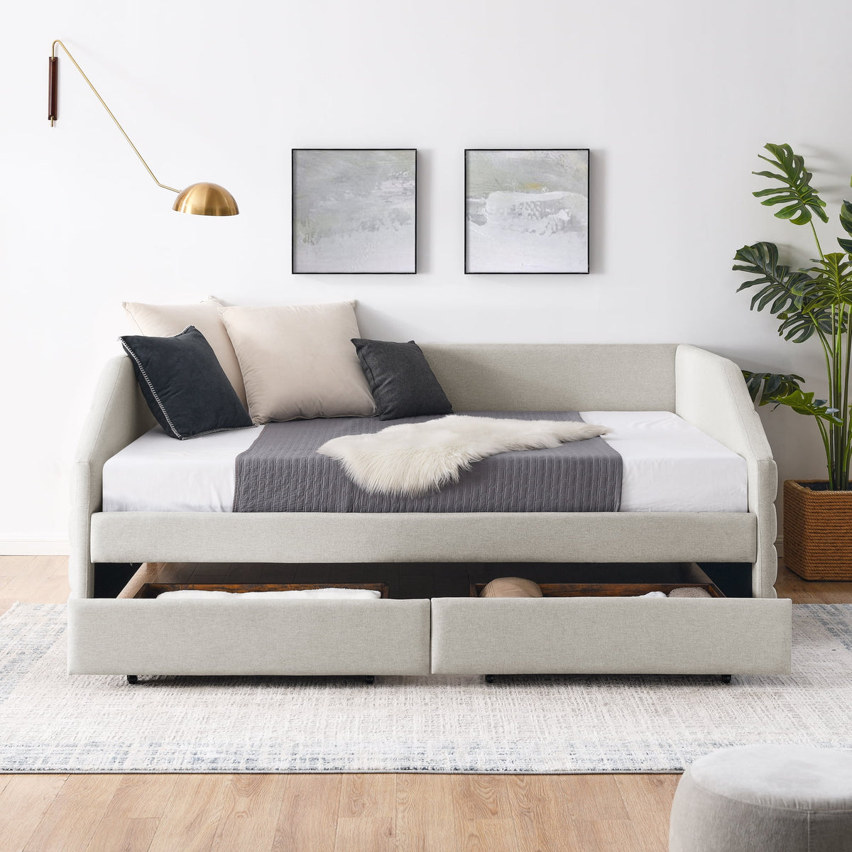 Queen Size Beige Linen Upholstered Daybed with Trundle B8308