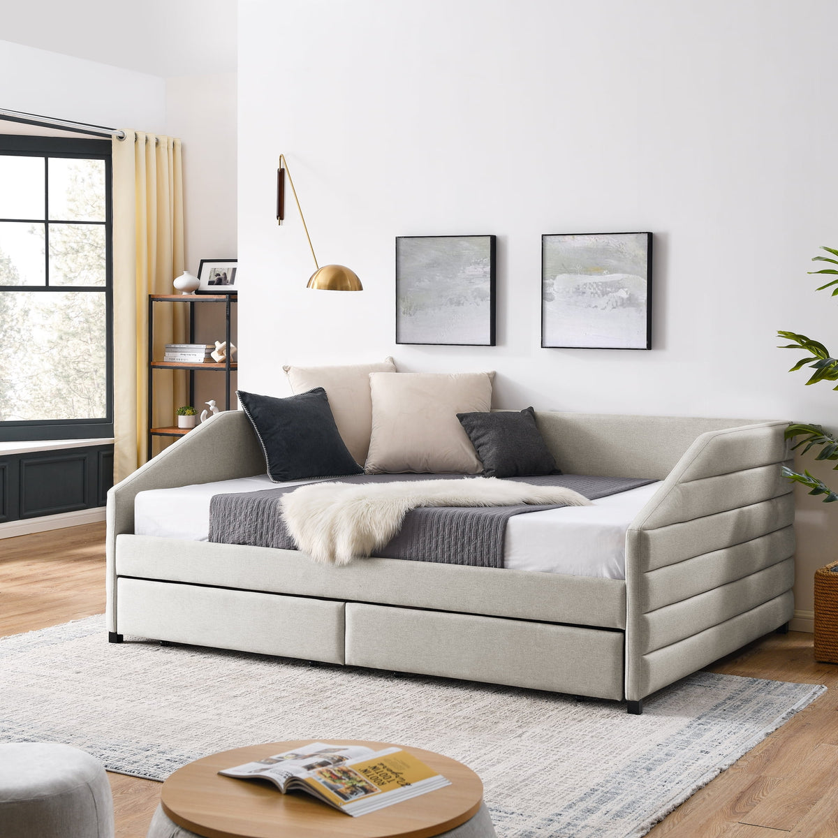 Queen Size Beige Linen Upholstered Daybed with Trundle B8308