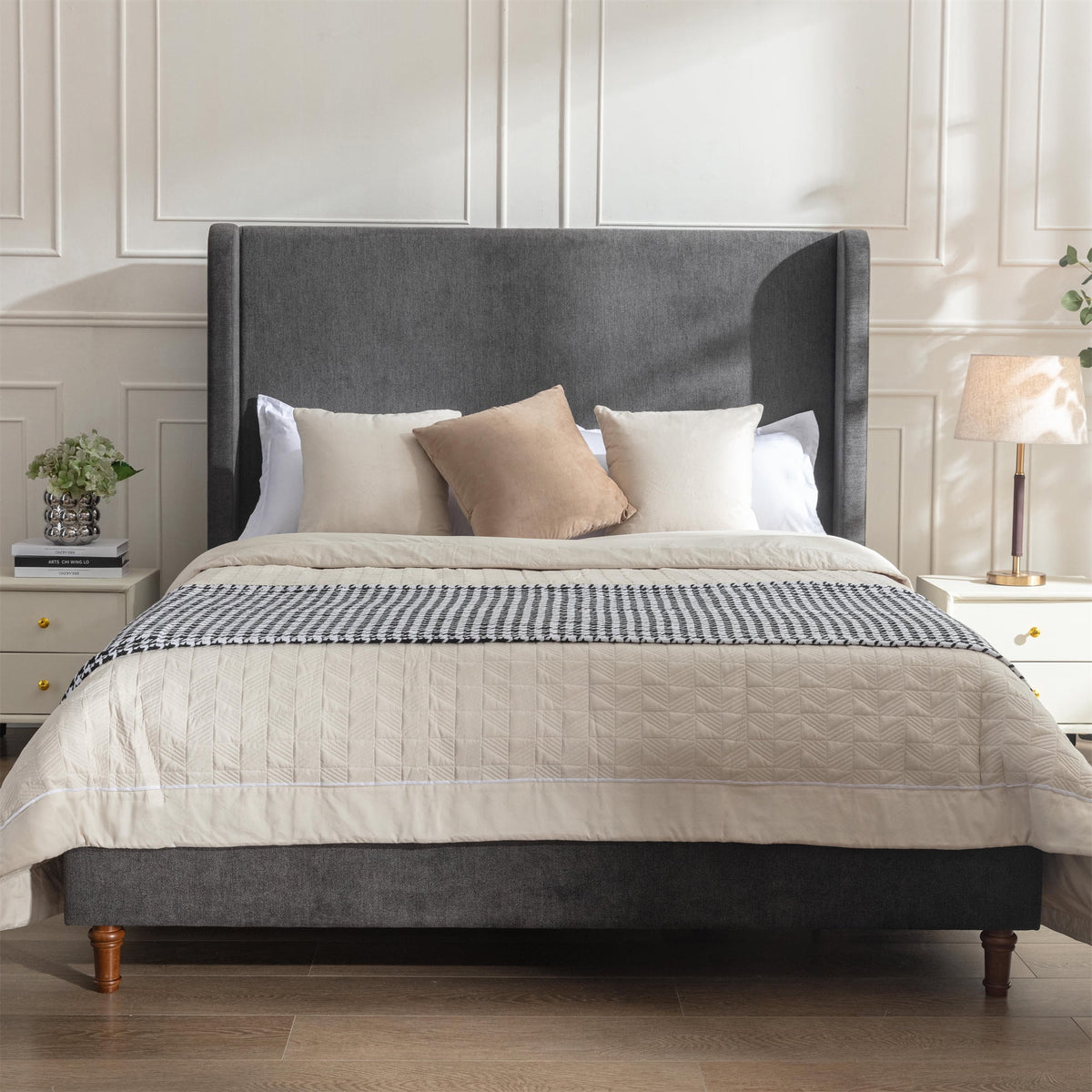 Queen Size Upholstered Platform Bed with Wingback Headboard P56330